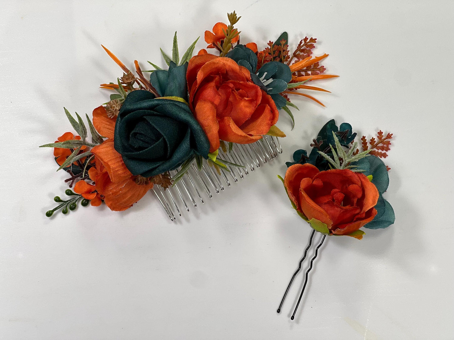 Teal Orange Hair Comb Wedding Dark Teal Terracotta Hair Floral Comb Artificial Flower Bridal Accessories Teal Blue Rust Burnt Orange