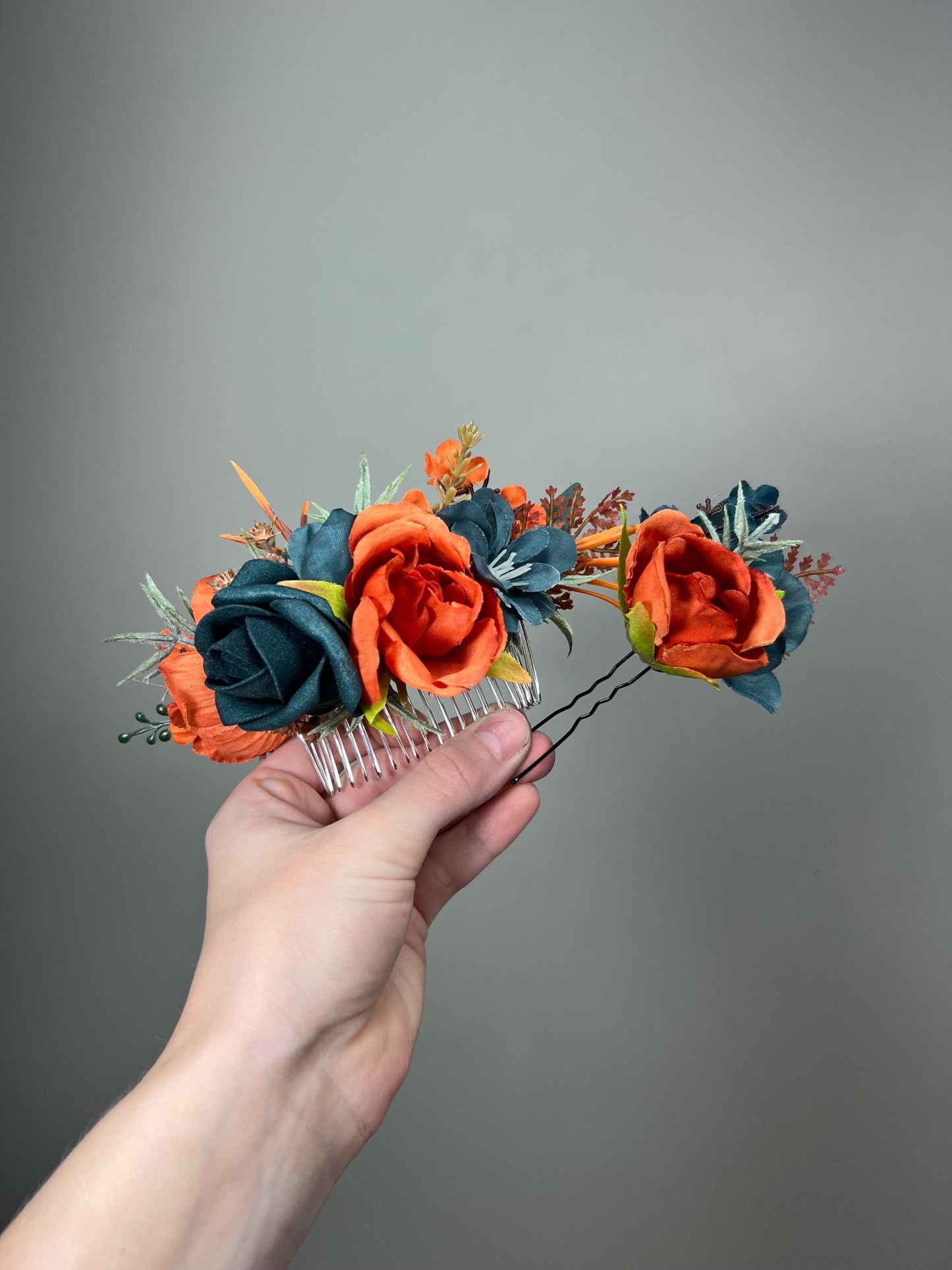 Teal Orange Hair Comb Wedding Dark Teal Terracotta Hair Floral Comb Artificial Flower Bridal Accessories Teal Blue Rust Burnt Orange
