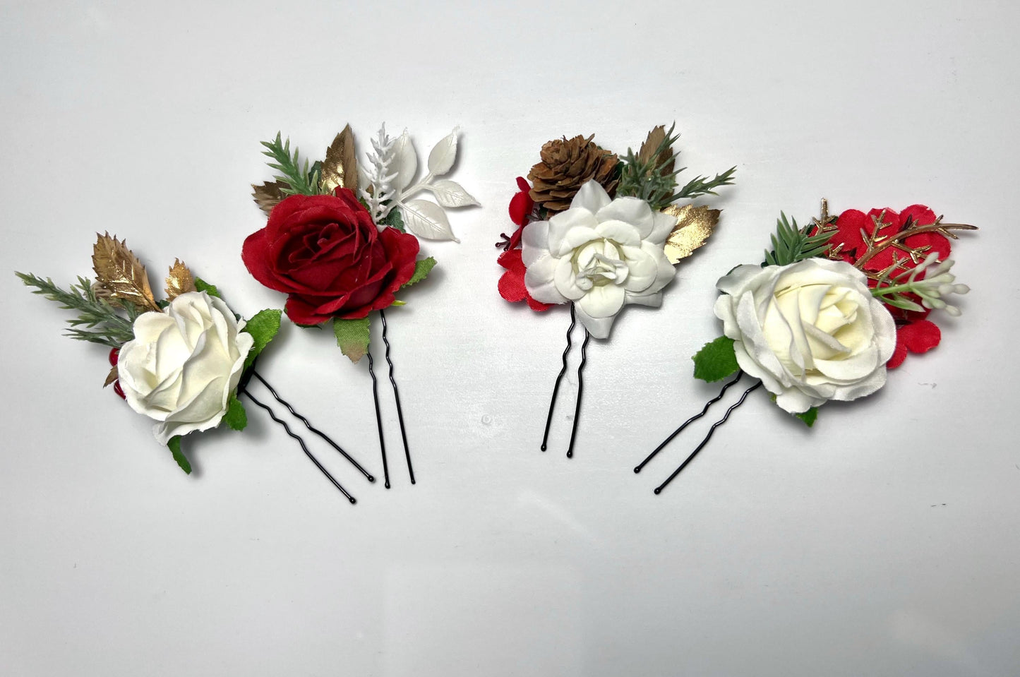 Christmas Hair Pin Wedding White Red Gold Hairpiece Pine Cone Winter Artificial Flowers Dark Red Bridesmaids Hair Accessories Flower Girl