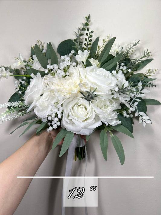 White Bouquet Wedding Baby Breath Bridal Bouquet Greenery Ivory Rose Bouquet Sage Green Bridesmaids Eucalyptus Artiricial Flowers Silk