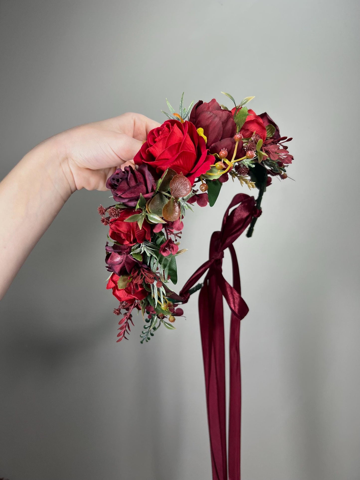 Red Flower Crown Wedding Dark Red Bridal Bridesmaids Floral Crown Artificial Flowers Burgundy Wine Red Hair Crown Flower Girl Headpiece