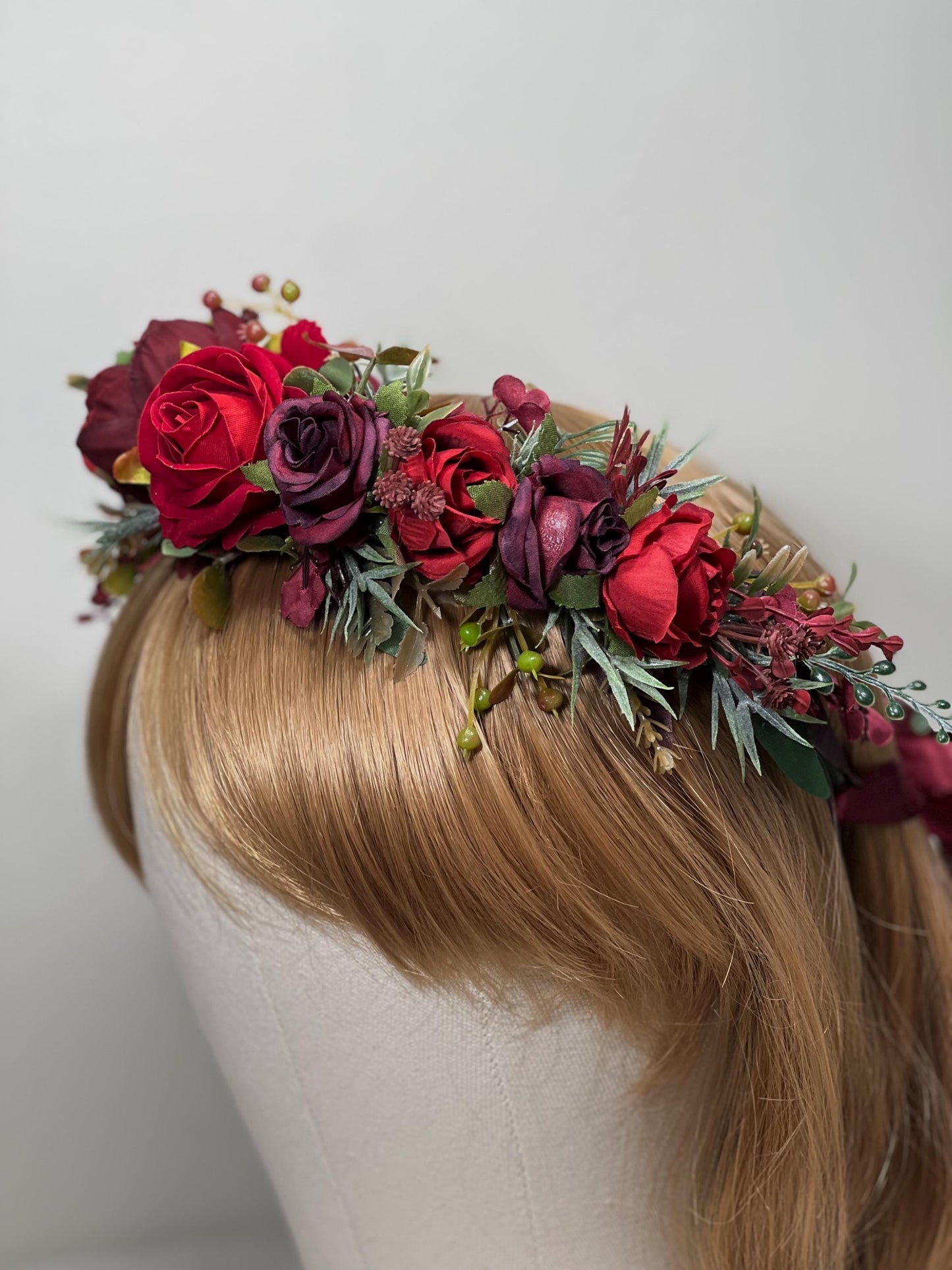 Red Flower Crown Wedding Dark Red Bridal Bridesmaids Floral Crown Artificial Flowers Burgundy Wine Red Hair Crown Flower Girl Headpiece