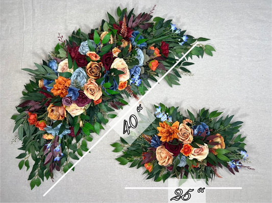 Burgundy Terracotta Arch Arrangement Wedding Rustic Burnt Orange Dusty Blue Arbor Arrangement Flowers Artificial Rust Maroon Eucalyptus