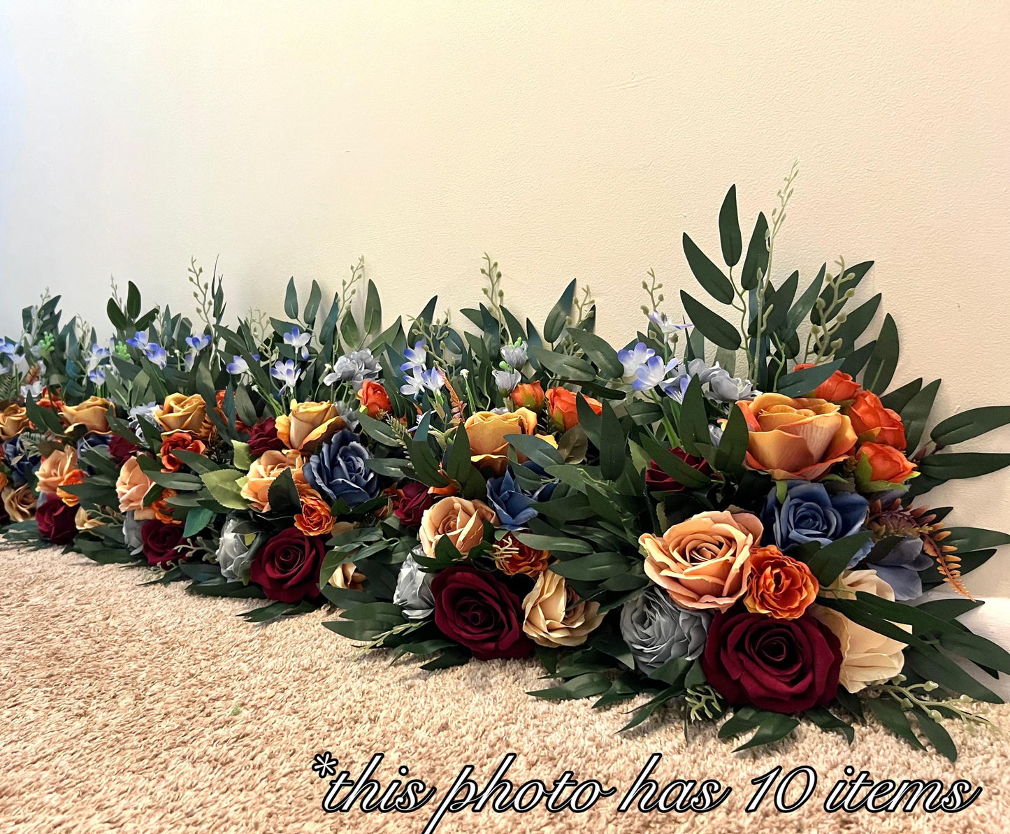 Burgundy Terracotta Aisle Marker Wedding Dusty Blue Burnt Orange Maroon Whiskey Barrel Decor Rust Floor Arrangement Artificial Flowers