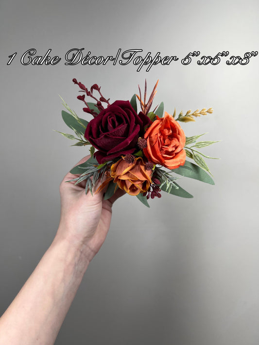 Orange Burgundy Cake Decor Flower Artificial Wedding Terracotta Rust Cake Flower Arrangement Maroon Burnt Orange Sage Green Silk Flower Cake