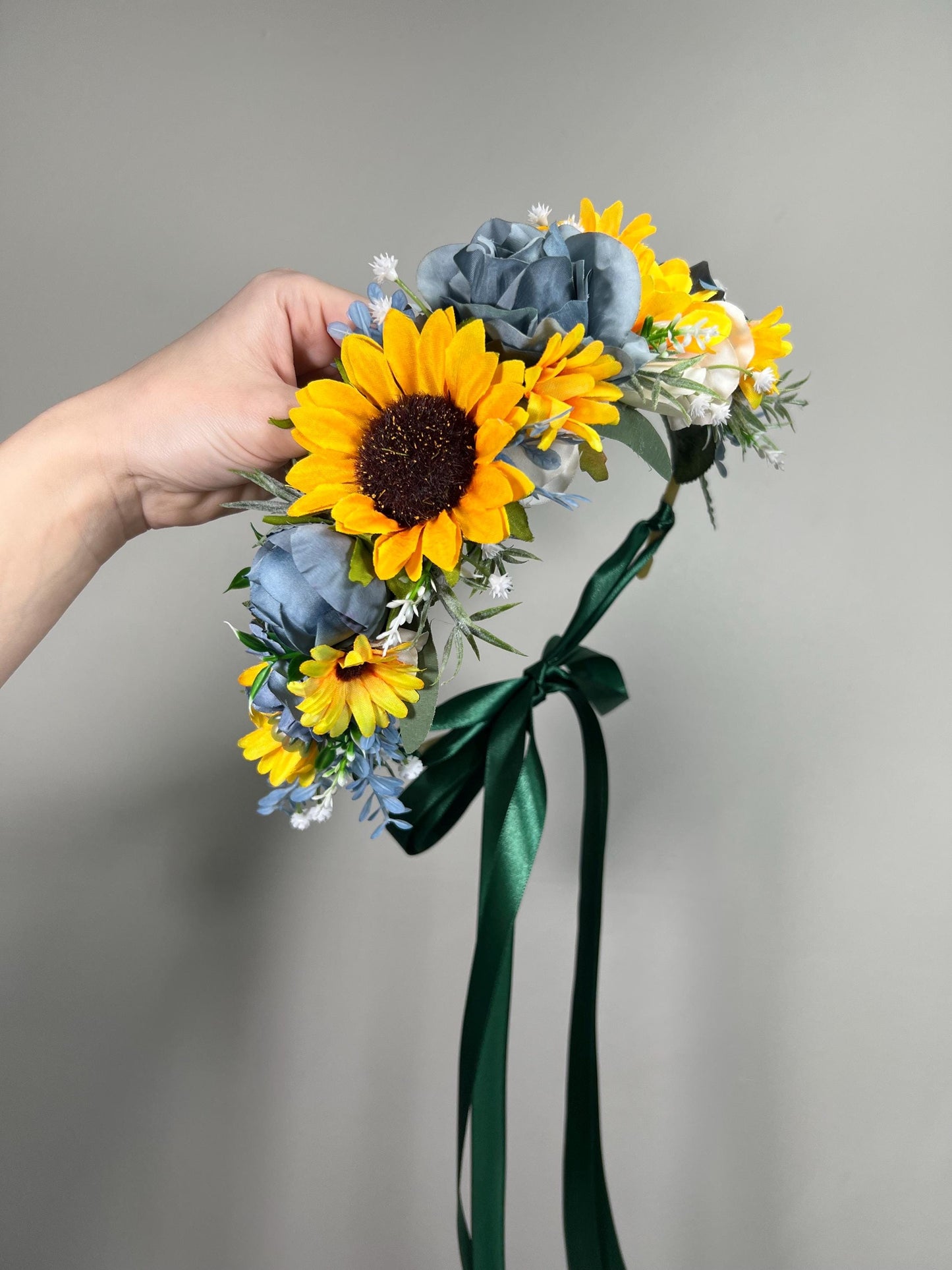 Sunflower Flower Crown Blue Wedding Rustic Yellow Sunflower Flower Crown Bridal Bridesmaids Dusty Blue Baby Breath Artificial Flower White