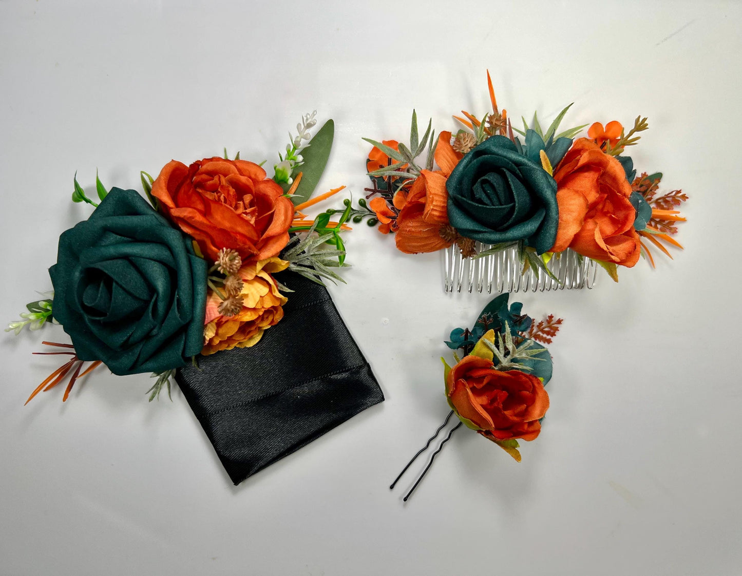 Teal Orange Hair Comb Wedding Dark Teal Terracotta Hair Floral Comb Artificial Flower Bridal Accessories Teal Blue Rust Burnt Orange