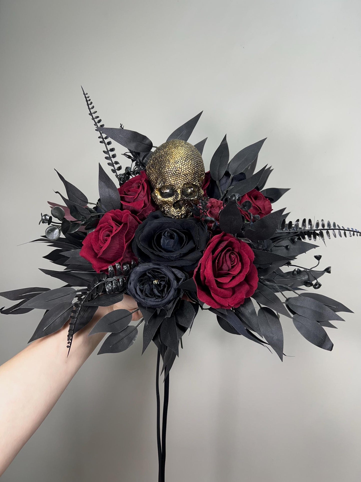 Wedding Bouquet Black Burgundy Skull Bridal Gothic Halloween Bouquet Bridesmaids Black Skull Spooky Maroon Bouquet Artiricial Flowers