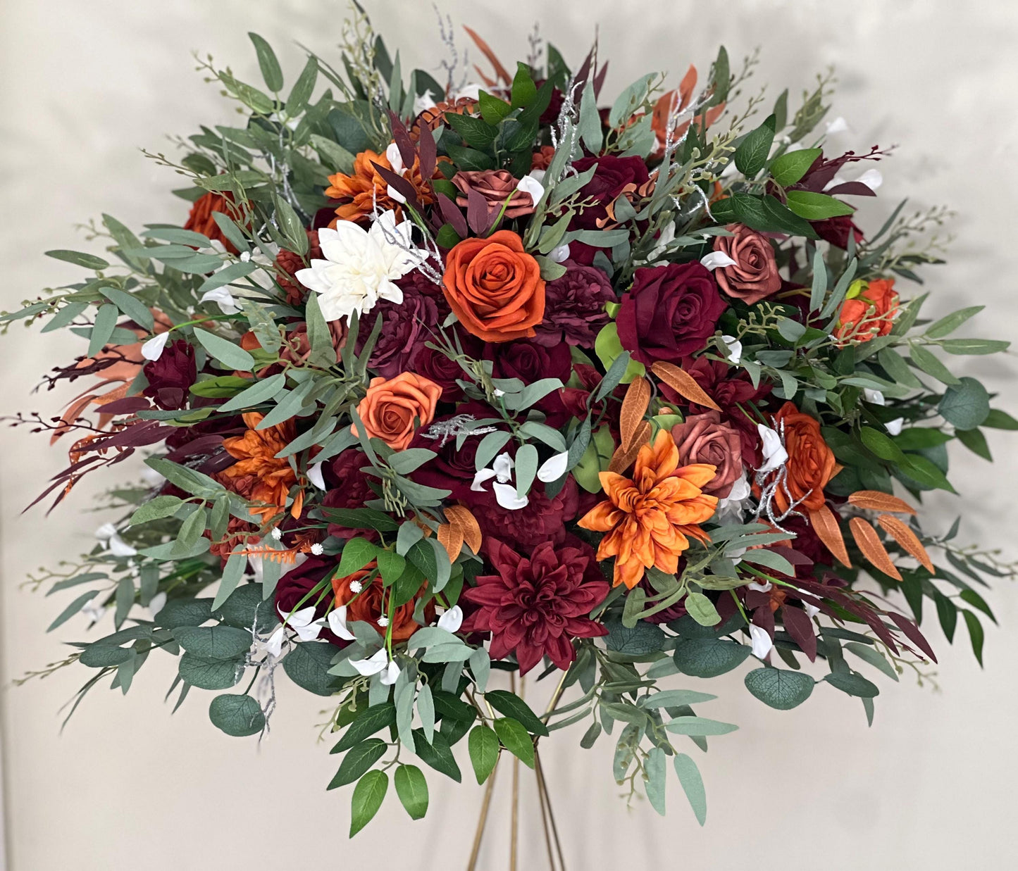 Orange Burgundy Flower Ball Wedding Terracotta Floral Arrangement Reception Table Rust Eucalyptus White Fall Centerpiece Barrel Decor Rustic