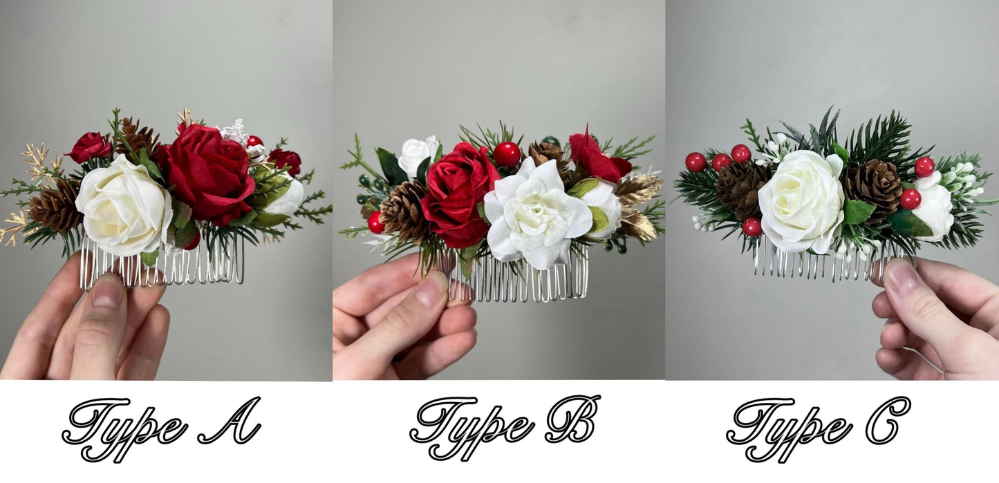White Hair Comb Christmas Wedding Pine Cone Headpiece Floral Artiticial Pine Tree Winter Hair Comb Bridal Accessories Bridesmaids Ivory