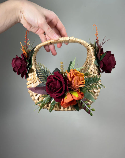 Burgundy Orange Flower Girl Basket Wedding Terracotta Wine Red Maroon Boho Flower Girl Woven Rattan Basket for Petals Rust Artificial Flower