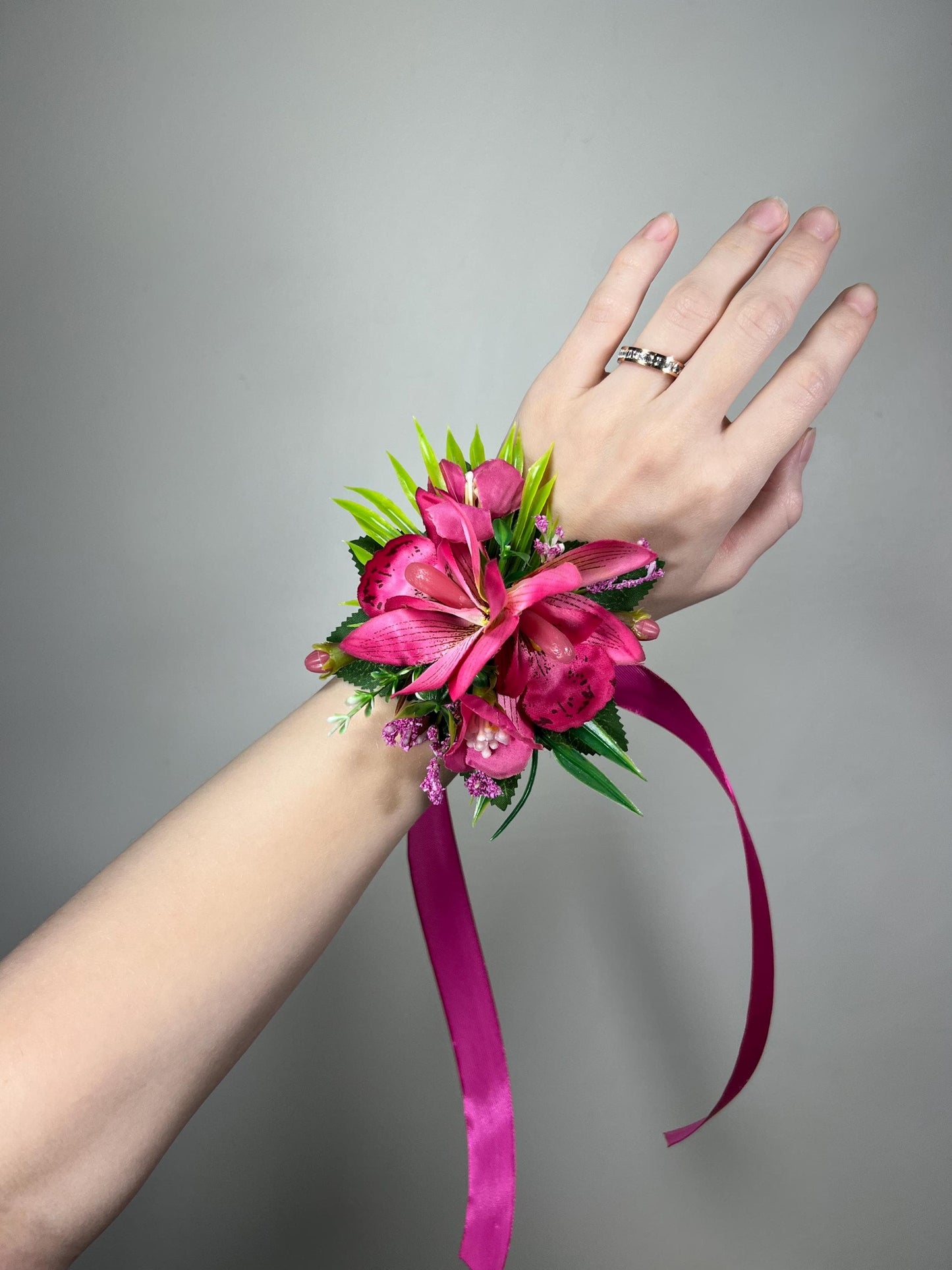 Hot Pink Corsage Orchid Wedding Wrist Corsage Fuchsia Tropical Beach Mom Corsage Prom Pink Bridesmaids Wristlet Artificial Flower Magenta
