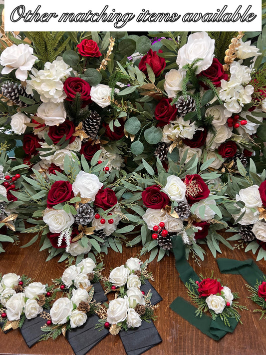 Christmas Aisle Marker White Red Wedding Ground Arch Arrangements Tree Pine Cone Gold Floor Decor Barrel Whiskey Ivory Dark Red Winter