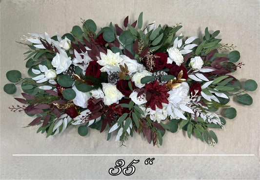 Christmas Arch Arrangement Wedding White Burgundy Arbor Arrangement Pine Cone Backdrop Winter Ivory Gold Pine Tree Wine Red Artificial