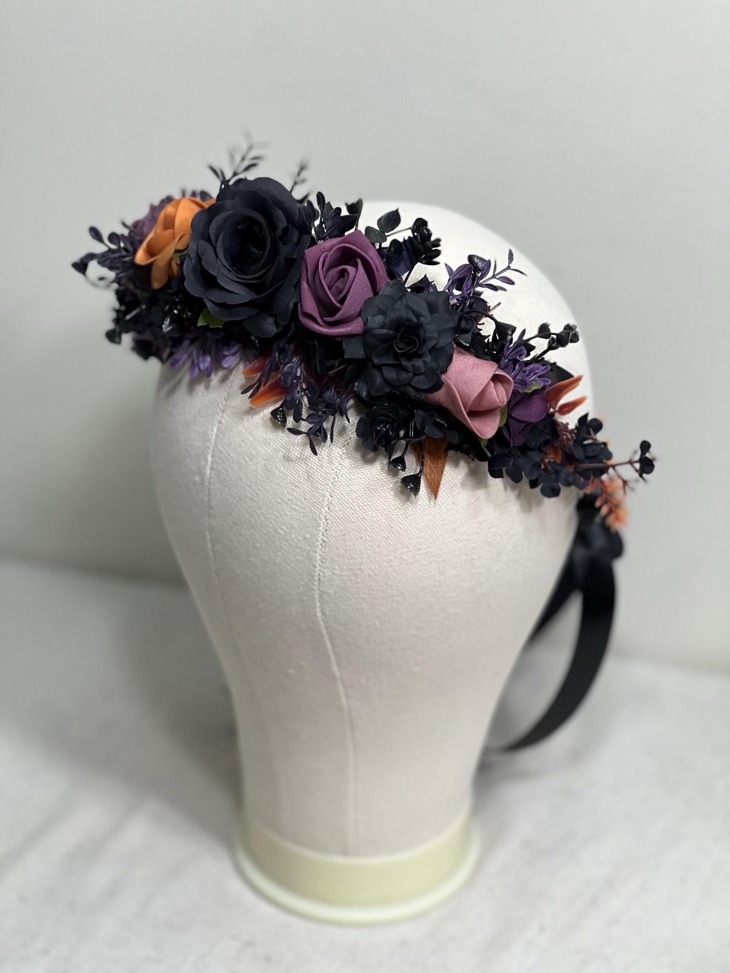 Black Flower Crown Wedding Crown Gothic Floral Plum Orange Artificial Faux Floral Crown Halloween Hair Accessories Wreath Adult Dark Purple