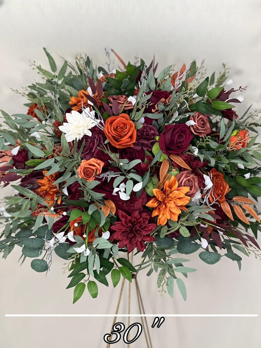 Orange Burgundy Flower Ball Wedding Terracotta Floral Arrangement Reception Table Rust Eucalyptus White Fall Centerpiece Barrel Decor Rustic