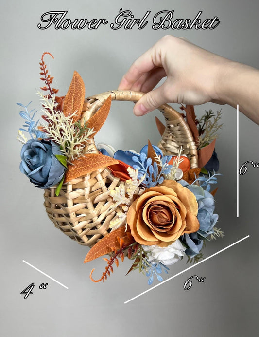 Dusty Blue Orange Flower Girl Basket Wedding Terracotta Burnt Orange Flower Girl Fall Woven Rattan Basket for Petals Blue Artificial Flowers