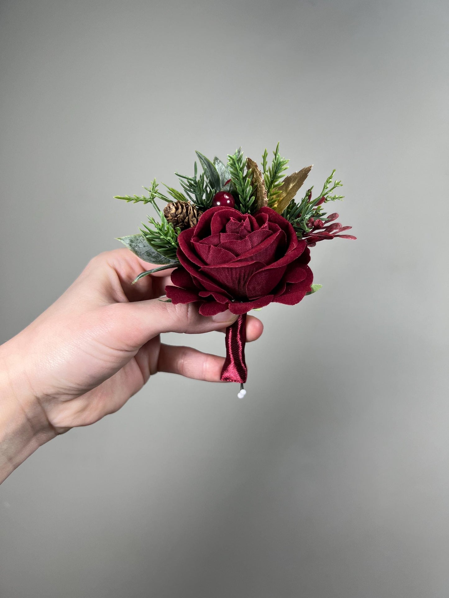 Burgundy Boutonnière Wedding Groom Christmas Winter Groomsmen Gold Pine Cones Maroon Rose Rustic Lapel Pin Men Evergreen Artificial Flower