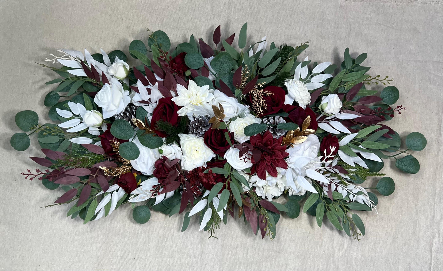 Christmas Arch Arrangement Wedding White Burgundy Arbor Arrangement Pine Cone Backdrop Winter Ivory Gold Pine Tree Wine Red Artificial