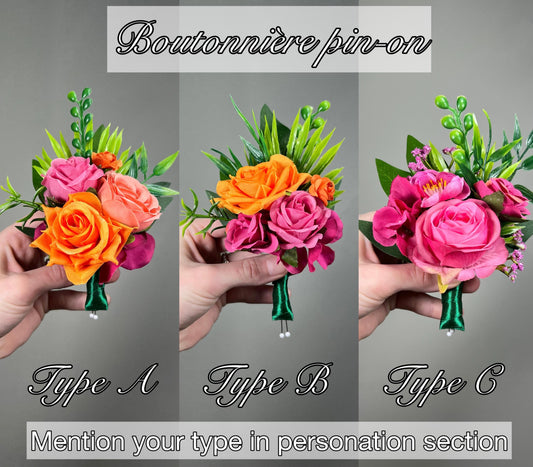 Hot Pink Orange Boutonniere Wedding Groom Tropical Boutonnière Fuchsia Coral Orange Bright Groomsmen Prom Magenta Artificial Flower
