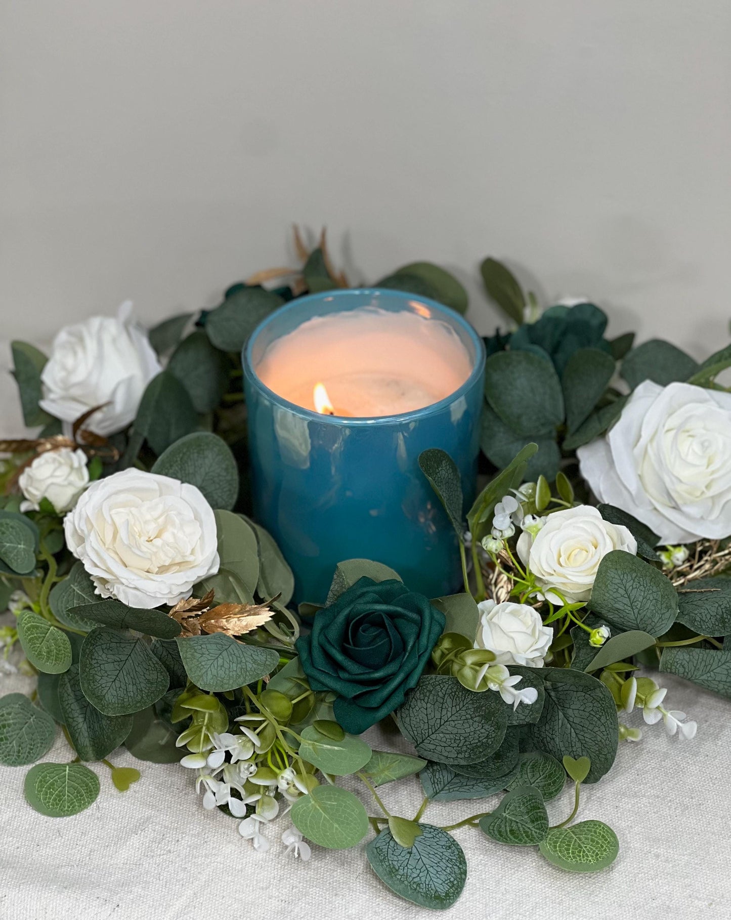 Wreath Centerpiece Wedding White Emerald Green Eucalyptus Candle Garland Wreath Lantern Ring Greenery Sage Green Ivory Gold Artificial