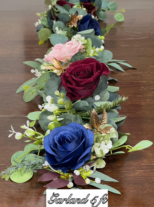 Navy Blue Burgundy Garland Wedding Dusty Rose Eucalyptus Garland Dark Blue Red Greenery Decor Table Runner Mantle Garland Artificial
