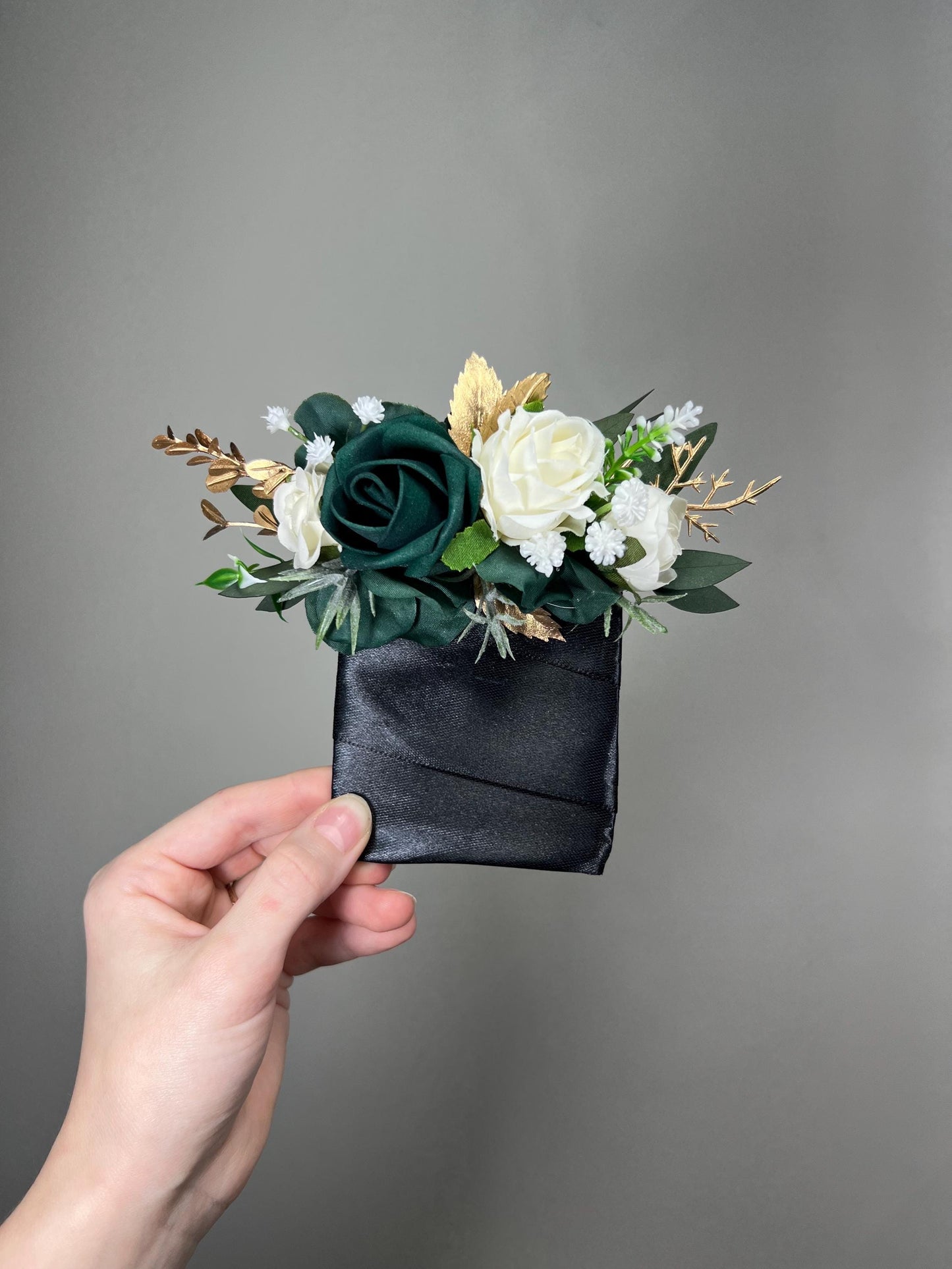 Emerald Green Pocket Boutonniere Wedding Groom White Hunter Green Forest Groomsmen Square Boutonniere Gold Eucalyptus Artificial Flower