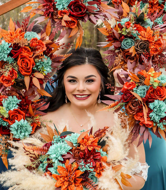 Teal Orange Burgundy Bouquet Bridal Turquoise Terracotta Wine Red Bridesmaids Bouquet Burnt Orange Teal Blue Maroon Artificial Flower