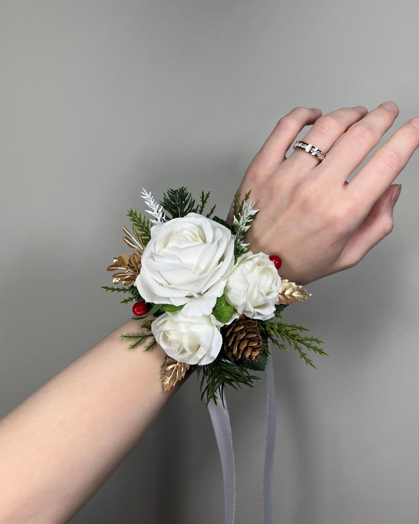 Christmas White Corsage Wedding Wrist Corsage Winter Mother Bridesmaids Wristlet Ivory Rose Holiday Cone Pine Tree Gold Artificial Flower