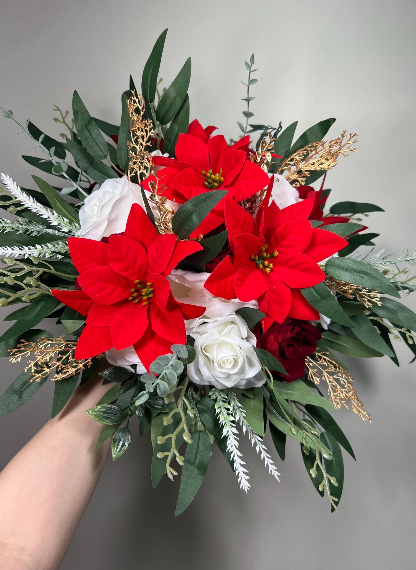 Poinsettia Bouquet Christmas Wedding Bridal Winter White Red Poinsettia Bouquet Gold Rustic Holiday Christmas Flowers Artificial Flowers