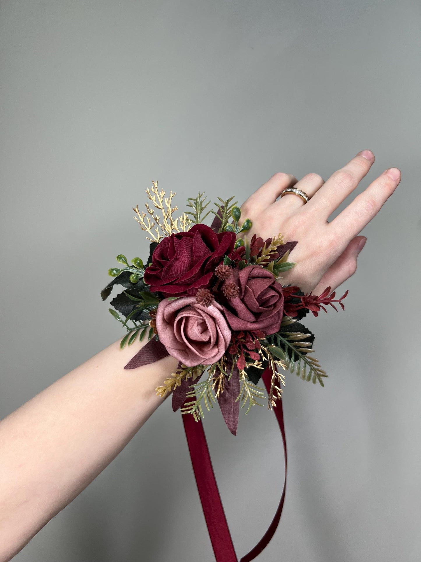 Burgundy Dusty Rose Corsage Wedding Mauve Rustic Wrist Corsage Bridesmaids Prom Gold Wine Red Maroon Wristlet Blush Artificial Flowers