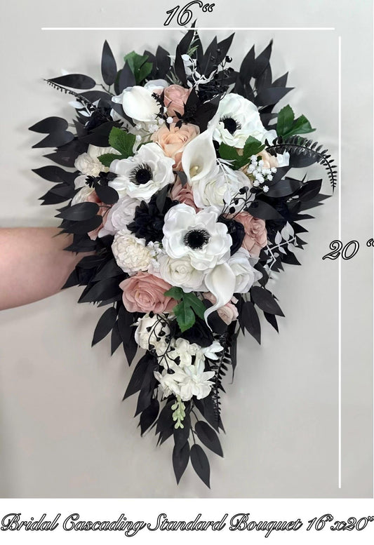 Black White Bouquet Bridal Dusty Rose Bouquet Black Blush White Bridesmaids Dusty PinkBouquet Anemone Calla Lily Ivory Artificial Flower