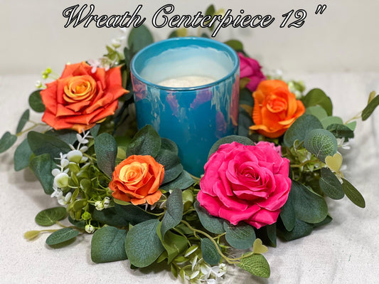 Wreath Centerpiece Wedding Hot Pink Orange Eucalyptus Candle Garland Wreath Lantern Ring Greenery Sage Green Fuchsia Burnt Orange Artificial
