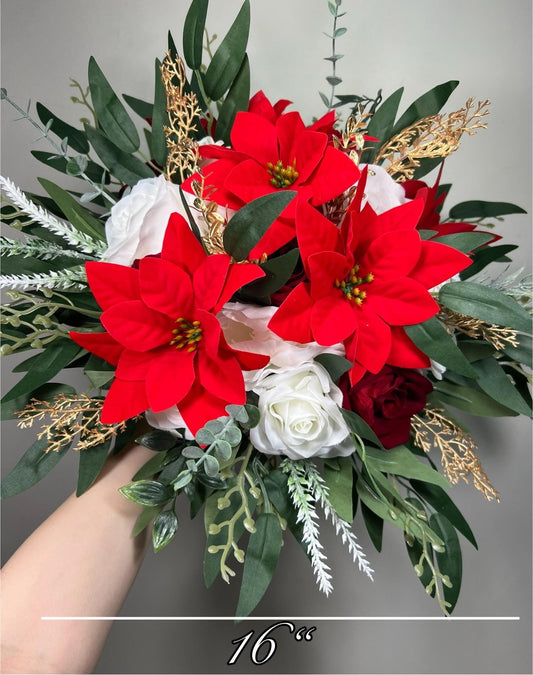 Poinsettia Bouquet Christmas Wedding Bridal Winter White Red Poinsettia Bouquet Gold Rustic Holiday Christmas Flowers Artificial Flowers
