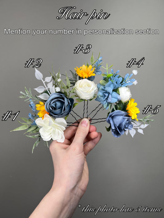 White Dusty Blue Sunflower Hair Pins Wedding Hair Accessories Ivory Yellow Sunflower Hair Pin Flower Artificial Eucalyptus Baby Breath