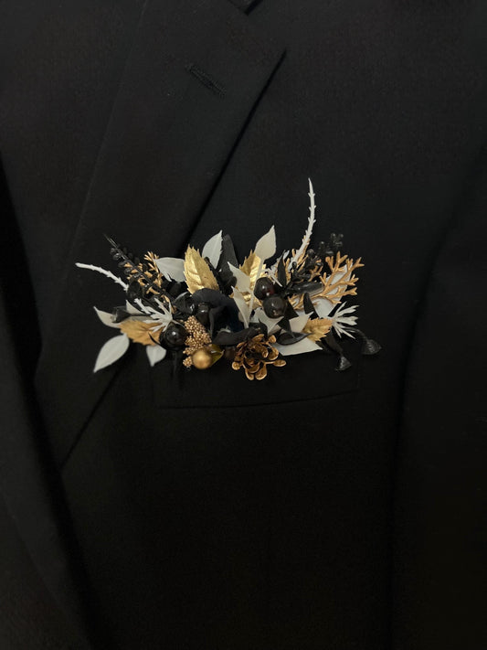 Black Gold White Pocket Boutonniere Wedding Groom Square Boutonnière Black Gothic Groomsmen Men Accessory Prom Artificial Flowers