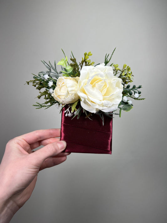 Ivory Pocket Boutonnière Wedding Rustic Groom Champagne Square Boutonnière Groomsmen Eucalyptus Greenery Cream Off White Artificial Flower