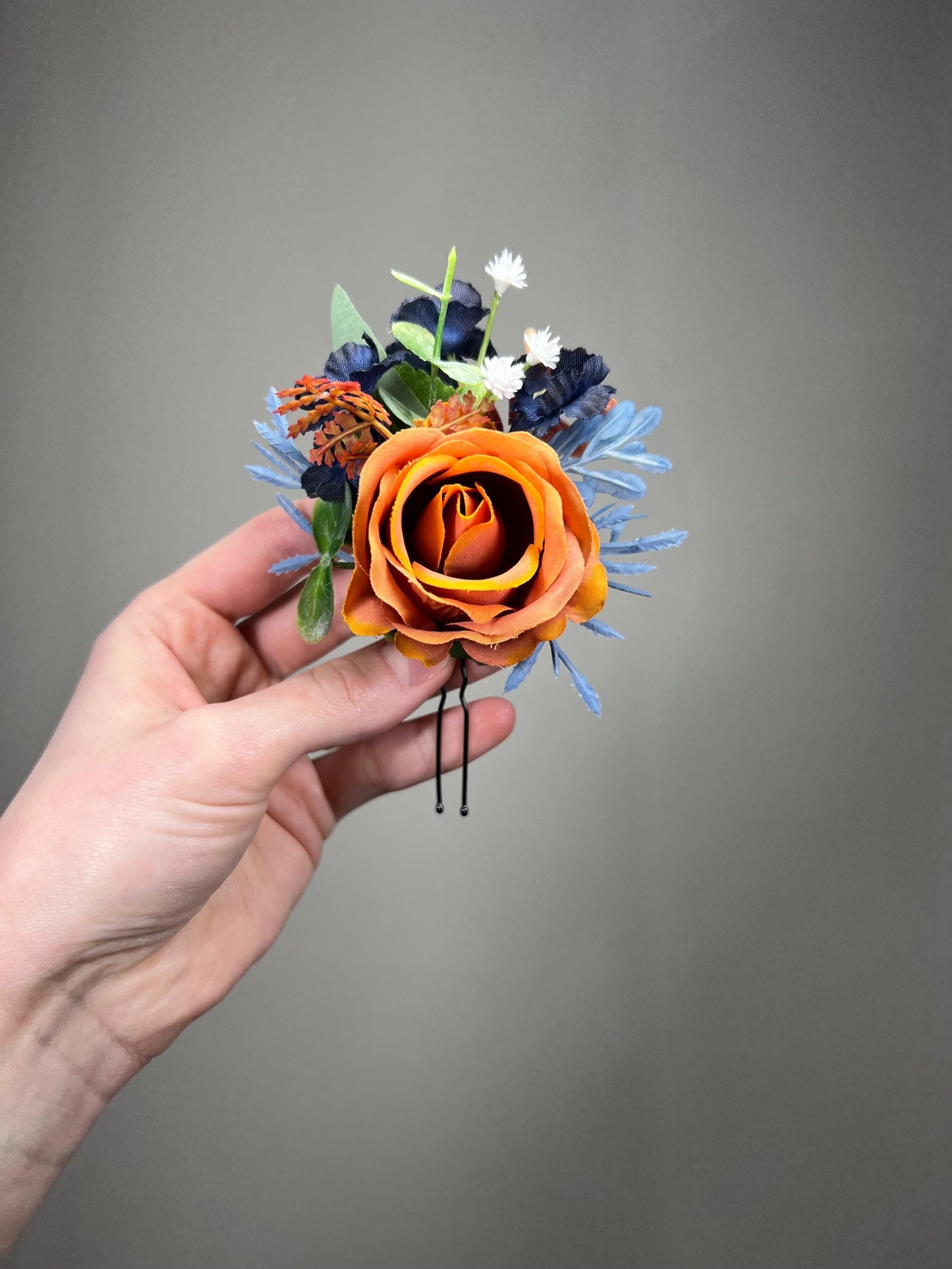 Terracotta Navy Blue Hair Pin Wedding Dusty Blue Burnt Orange Hair Accessories Bridal Rust Baby Breath Eucalyptus Artificial Flowers