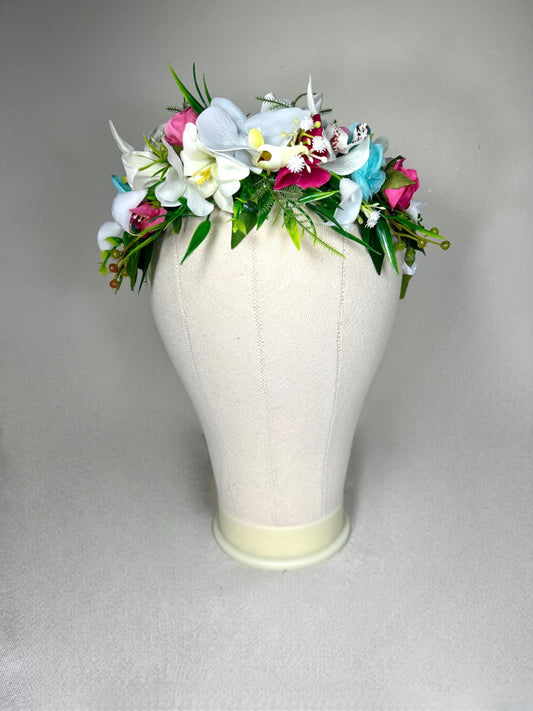 White Tropical Flower Crown Wedding Orchid Hot Pink Turquoise Bridal Headband Fuchsia White Beach Flower Crown Wreath Artificial Flower