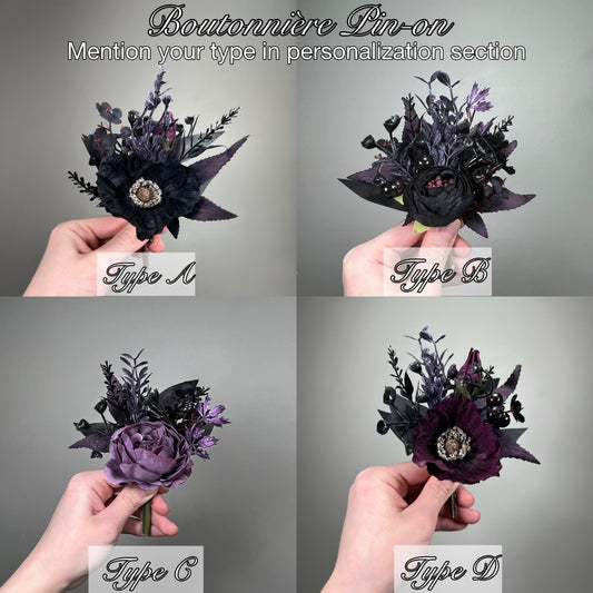Black Plum Boutonniere Wedding Groom Black Dark Purple Pin Boutonniere Gothic Groomsmen Poppy Moody Artificial Flowers Lapel Men Accessories