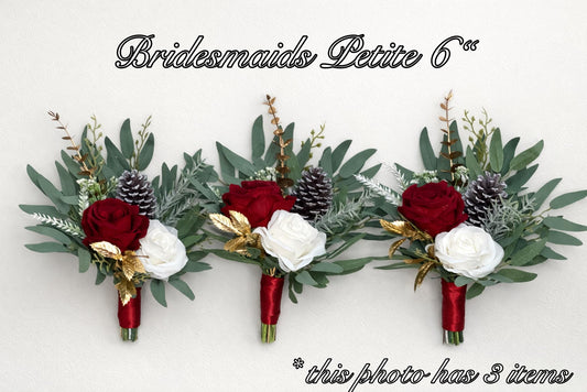 Christmas Bouquet White Red Wedding Bridesmaids Petite Bouquet Flower Girl Pine Cones Gold Winter Ivory Dark Red Artificial Flowers
