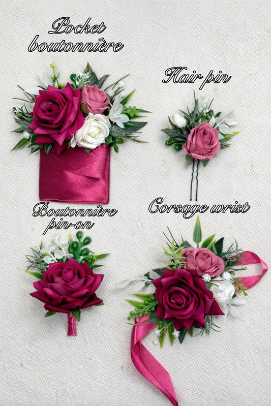 Hot Pink Boutonnière Wedding Fuchsia Groom Boutonniere Groomsmen Magenta Deep Pink Rose Prom Men Accessories Lapel Artificial