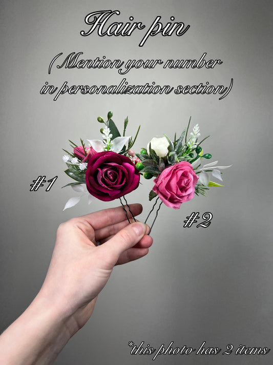 Fuchsia Hair Pin Wedding Rustic Hot Pink White Hair Accessories Bridal Magenta Hair Pin Artificial Flowers Bridesmaids Eucalyptus