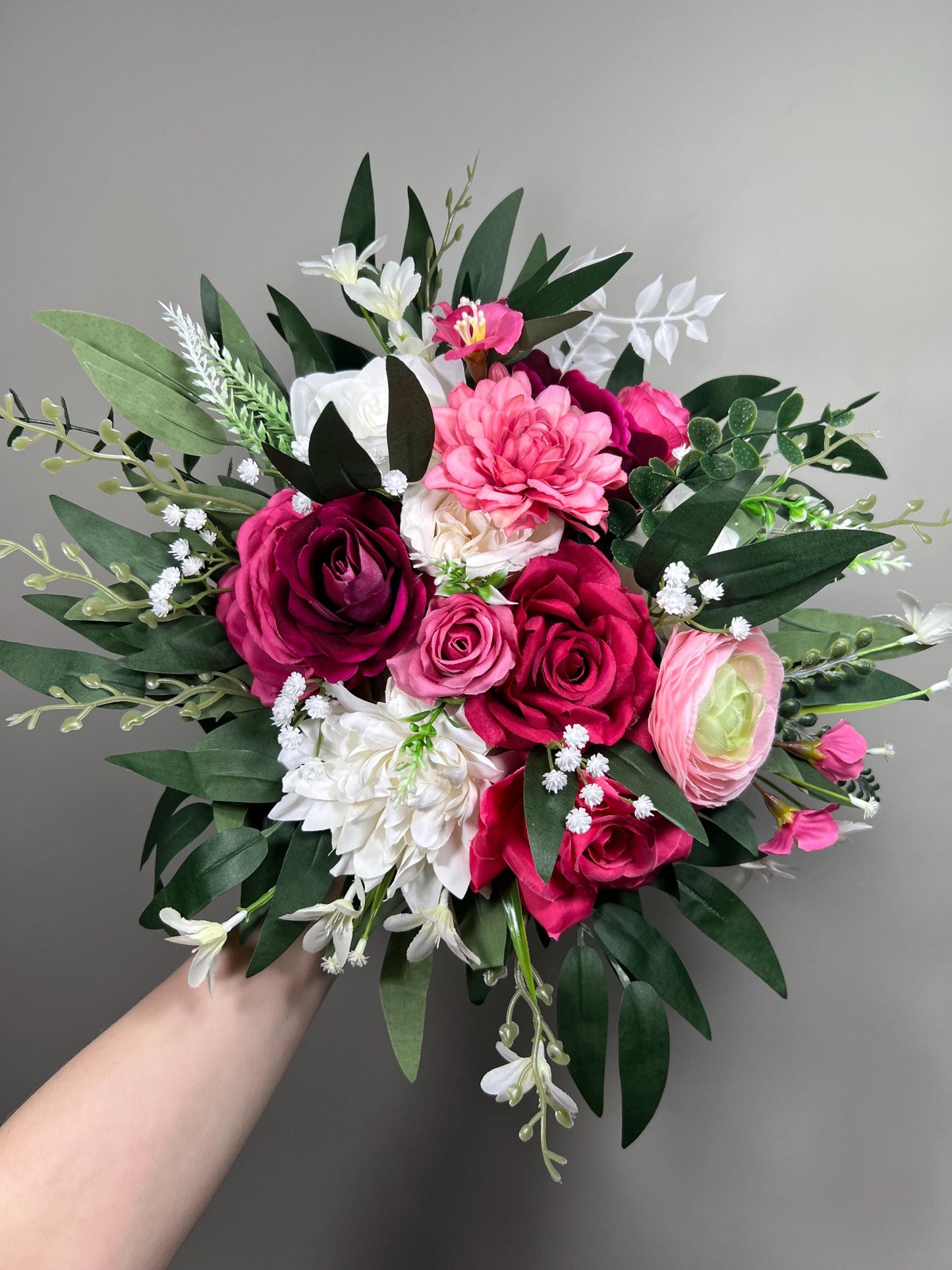 Hot Pink White Bouquet Wedding Bridal Fuchsia Ivory Bridesmaids Bouquet Magenta Ranunculus Pink Baby Breath Eucalyptus Artificial Flowers