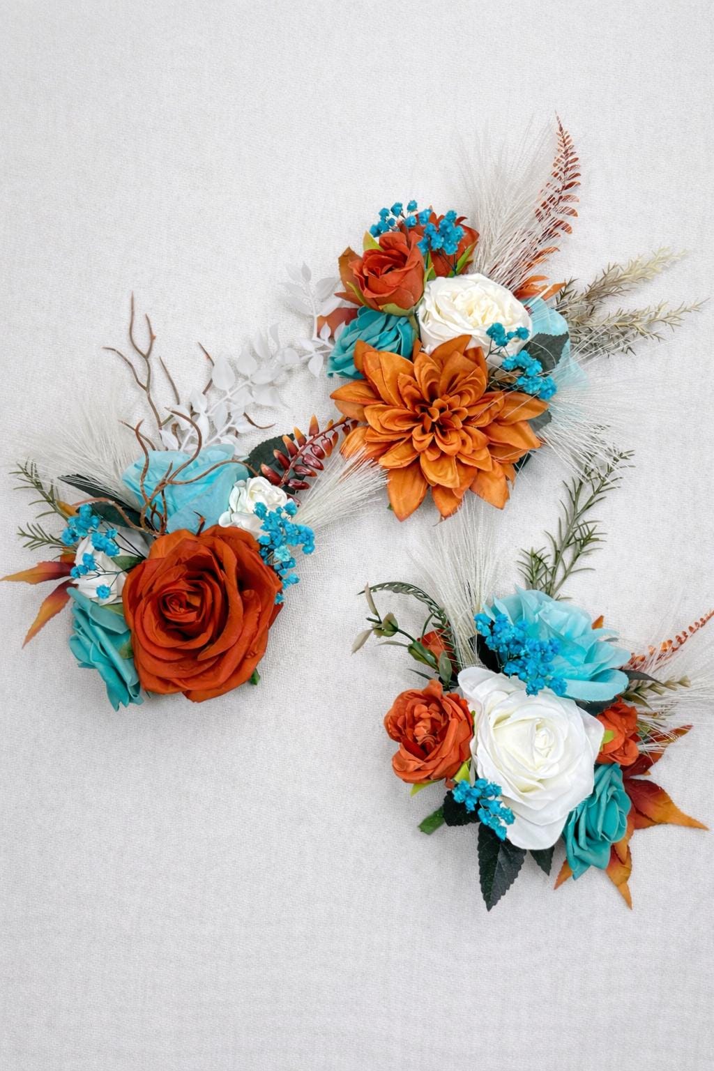 Turquoise and Burnt Orange Wedding Cake Decor Floral Arrangement Rustic Topper