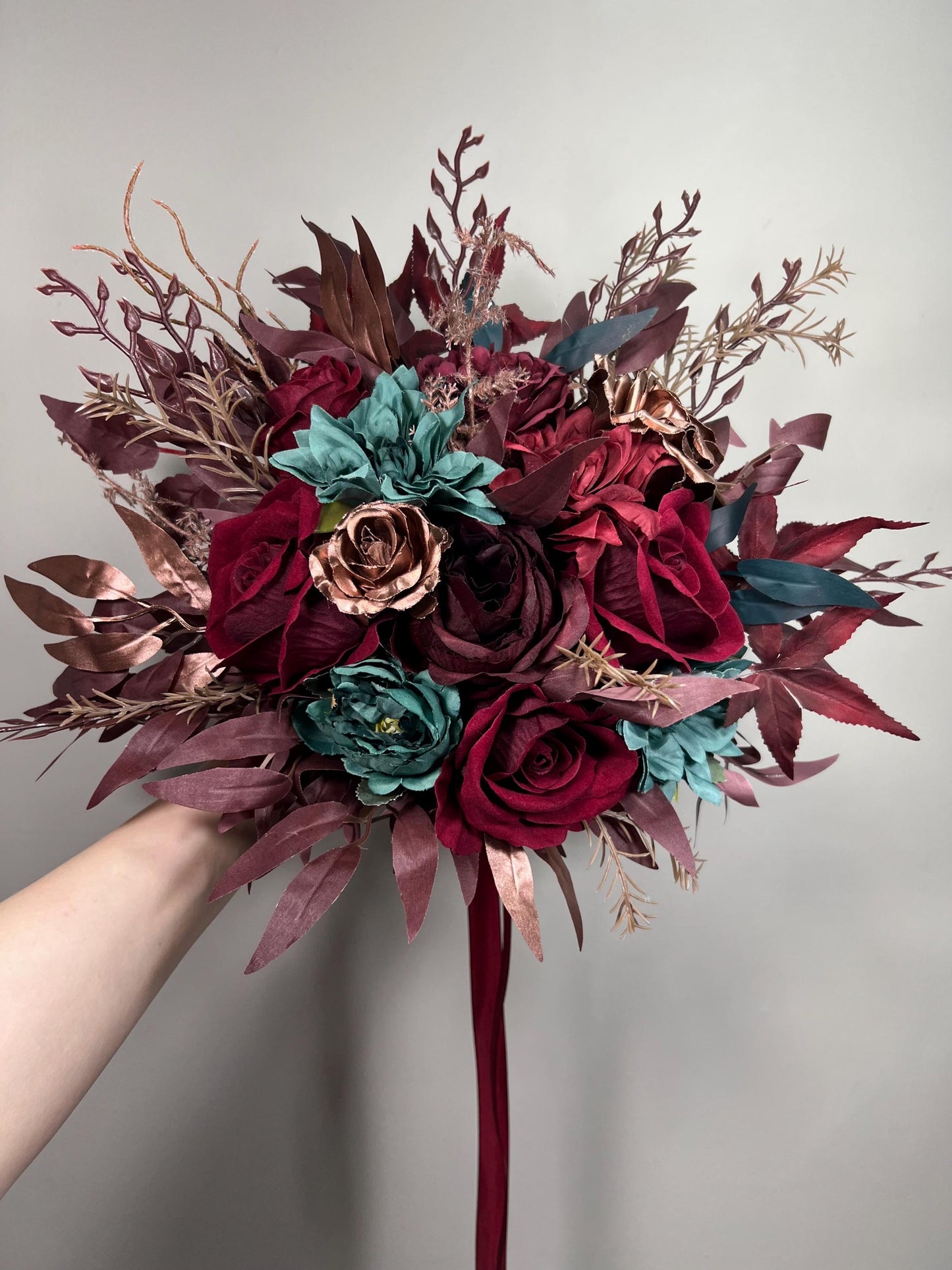 Burgundy Teal Bouquet Wedding Bridal Wine Red Rustic Rose Gold Teal Blue Bouquet Maroon Bridesmaids Copper Artificial Flowers
