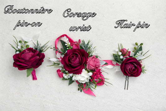 Fuchsia Corsage Wedding White Hot Pink Wrist Corsage Bridesmaids Magenta Raspberry Rose Prom Corsage Greenery Artificial Flowers