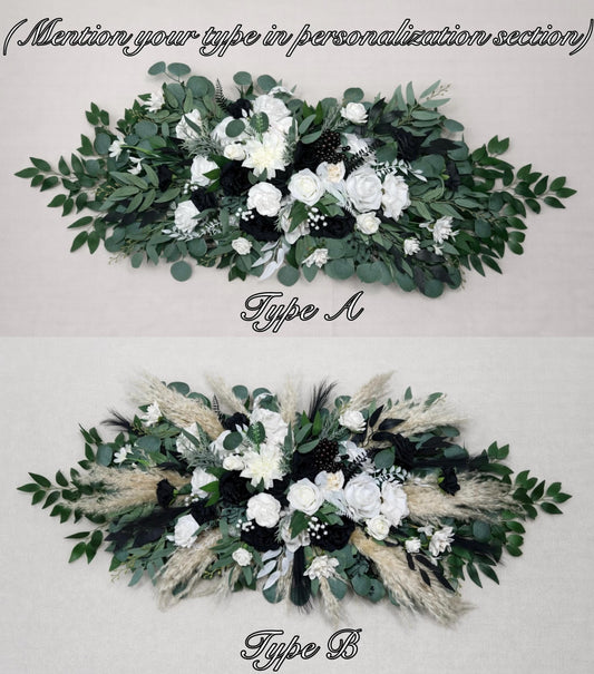 White and Black Arch Arrangement Pampas Grass Wedding Arbor Ties Arrangement Black Ivory Eucalyptus Greenery Boho Backdrop Artificial Flower