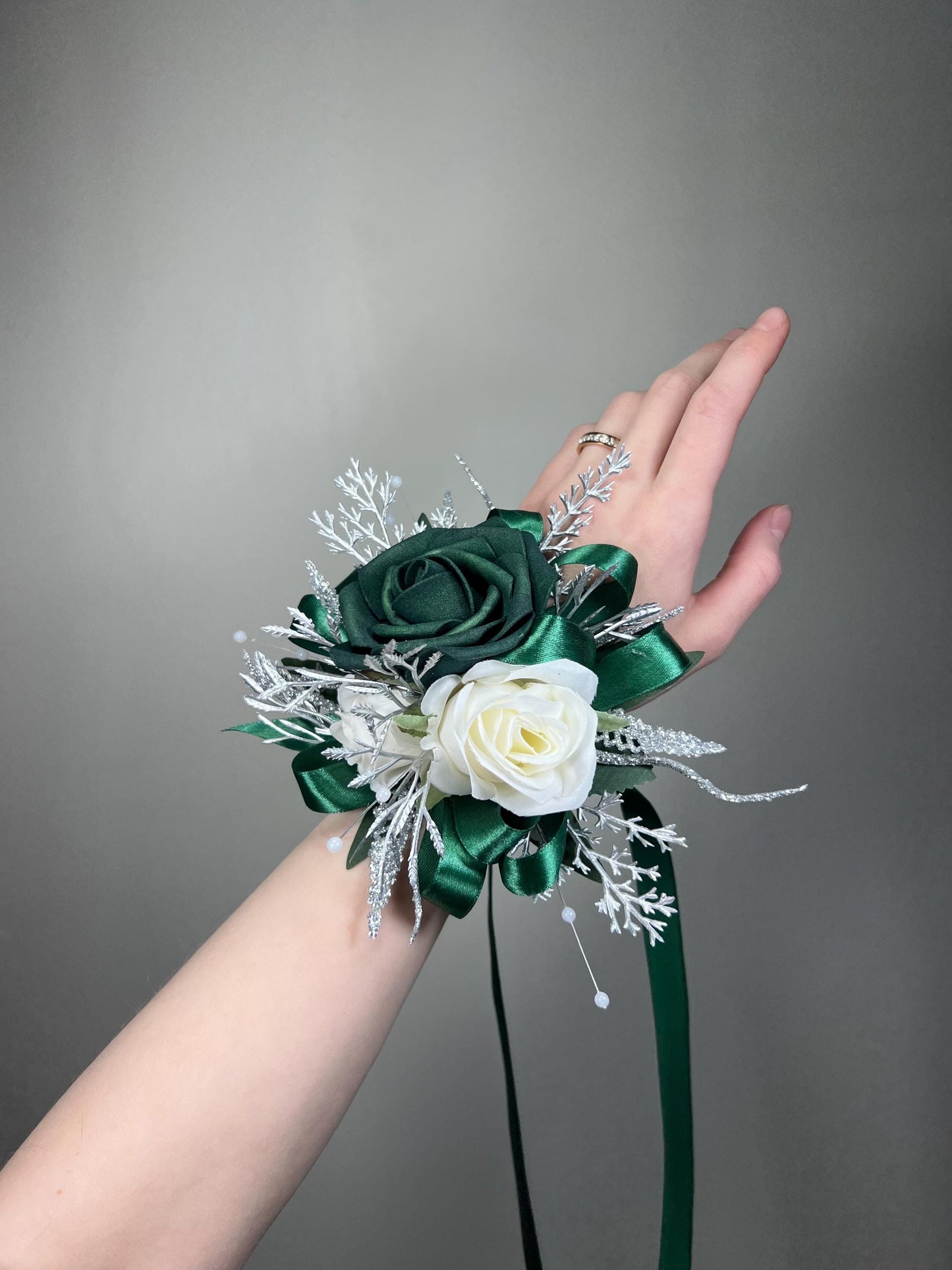 Emerald Green Boutonnière Wedding White Metallic Silver Groom Hunter Green Emerald Groomsmen Sparkly Prom Boutonnière Dark Green Rose