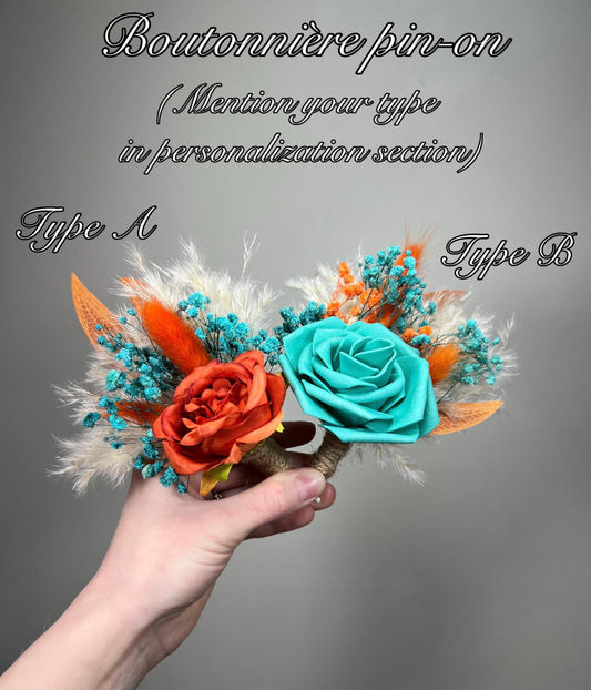 Orange Turquoise Boutonnière Wedding Groom Burnt Orange Terracotta Groomsmen Boutonnière Teal Blue Rust Baby Breath Artificial Flowers